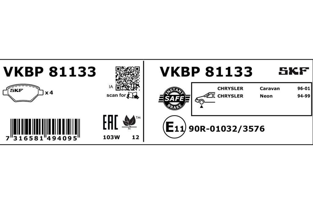 Jogo de 4 pastilhas de travão SKF ref. VKBP 81133